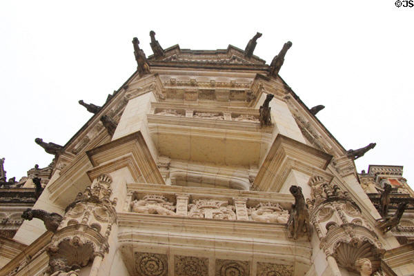 Details of external spiral staircase of François I Renaissance wing at Blois Chateau. Blois, France.