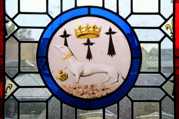 Stained glass panels with ermine emblem of Anne of Brittany in Estates General Room at Blois Chateau. Blois, France.