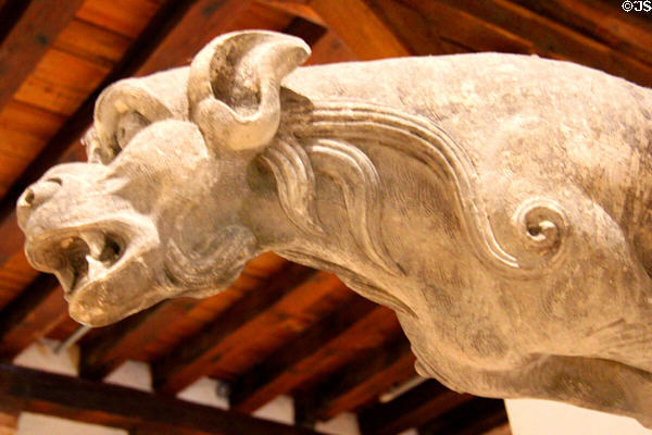Detail of gargoyle stone carving in architecture gallery at Blois Chateau. Blois, France.