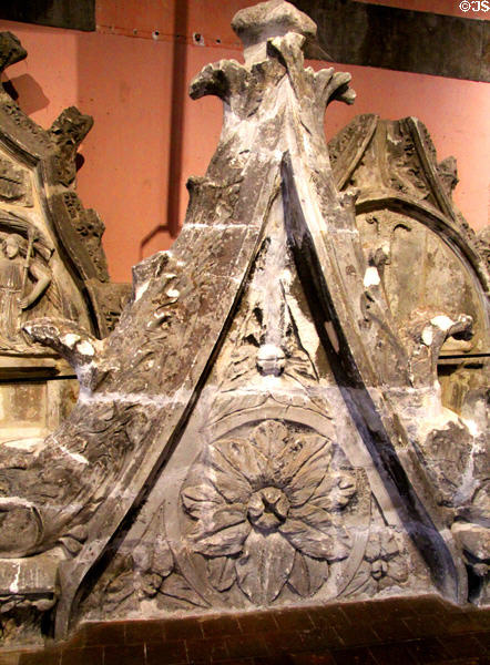 Pediment stone carvings in architecture gallery at Blois Chateau. Blois, France.