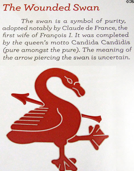 Wounded swan emblem of Claude de France wife of François I (a symbol of purity) plaque at Blois Chateau. Blois, France.