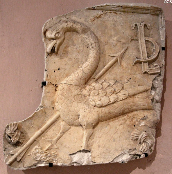 Wounded swan stone carving of Claude de France salvaged at Blois Chateau. Blois, France.