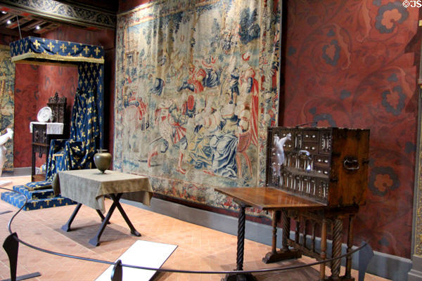 Renaissance furnishings in François I Renaissance wing at Blois Chateau. Blois, France.