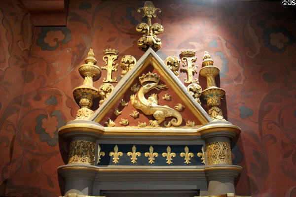 Renaissance door header decoration with François I salamander & initials in François I Renaissance wing at Blois Chateau. Blois, France.