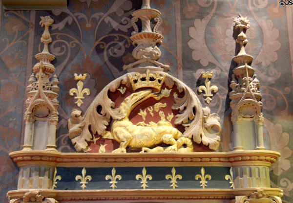 Renaissance door header decoration with François I salamander & initials in François I Renaissance wing at Blois Chateau. Blois, France.