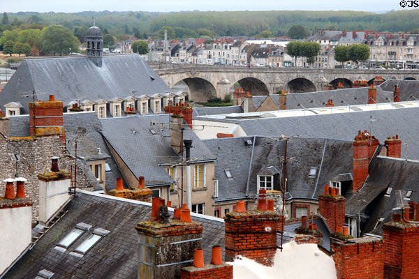 Old town buildings & Jacques-Gabriel bridge across Loire river seen from Blois Chateau. Blois, France.
