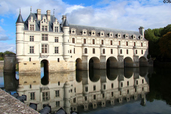Chenonceau Chateau forms bridge over River Cher. Chenonceau, France.