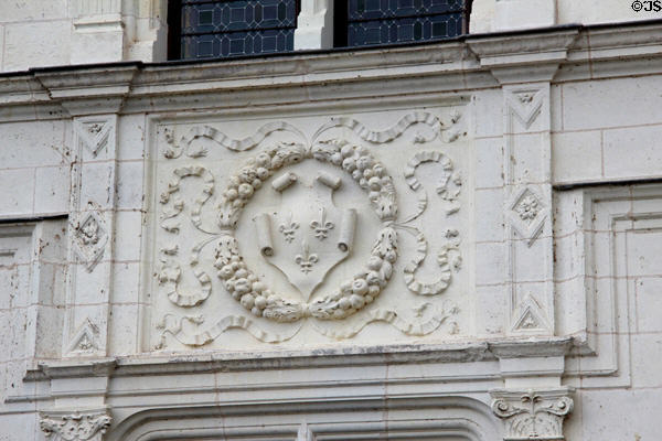 Royal crest over entrance at Chenonceau Chateau. Chenonceau, France.