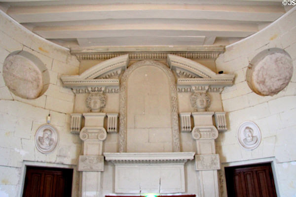 Fireplace on lower level of Gallery Bridge at Chenonceau Chateau. Chenonceau, France.
