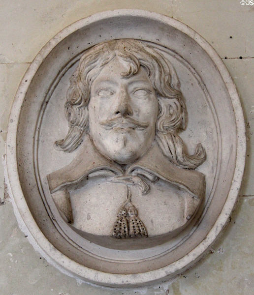 Medallion with historic figure on lower level of Gallery Bridge at Chenonceau Chateau. Chenonceau, France.
