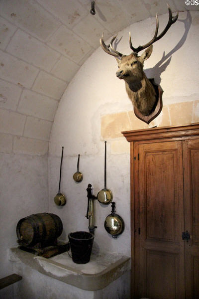 Kitchen sink with pump to bring water up from river at Chenonceau Chateau. Chenonceau, France.