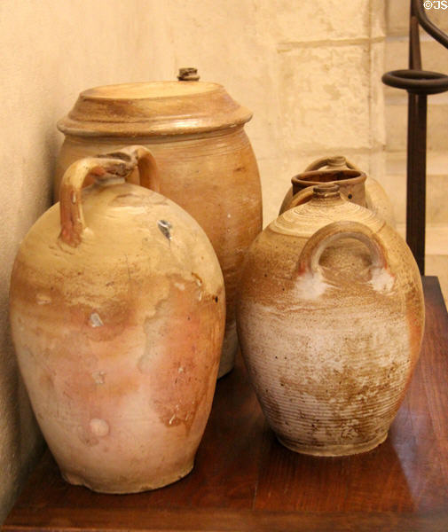 Ceramic jars in kitchen at Chenonceau Chateau. Chenonceau, France.