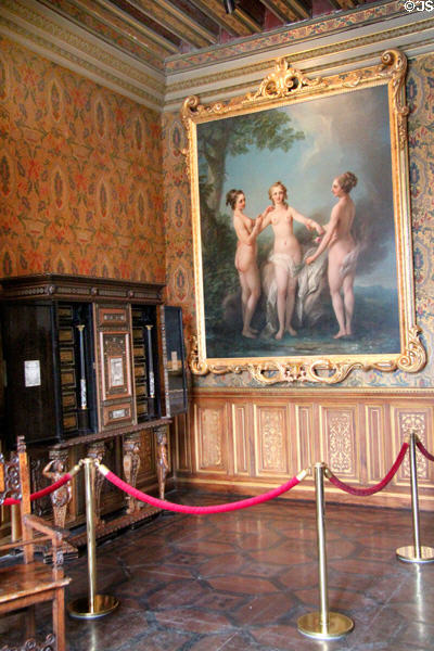 Three graces painting by Van Loo beside cabinet in François I drawing room at Chenonceau Chateau. Chenonceau, France.
