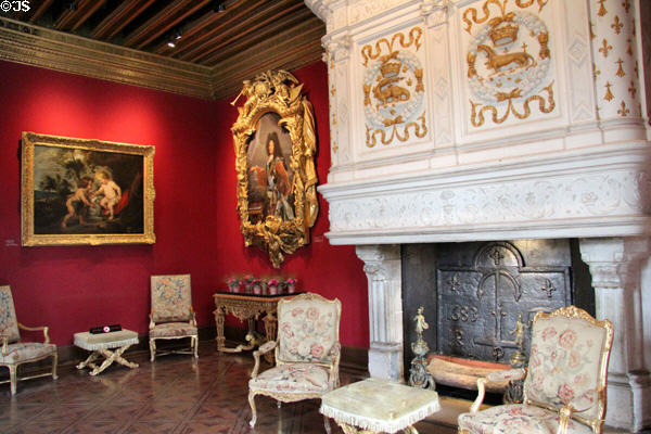 Louis XIV's drawing room with Aubuson tapestries on chairs at Chenonceau Chateau. Chenonceau, France.