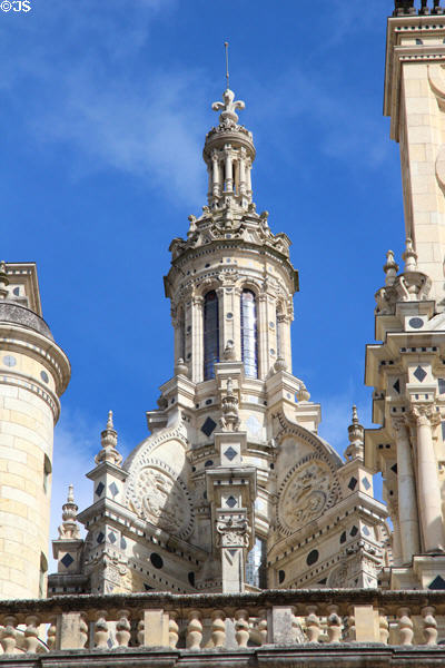 Tower above double spiral staircase at Chambord Chateau. Chambord, France.