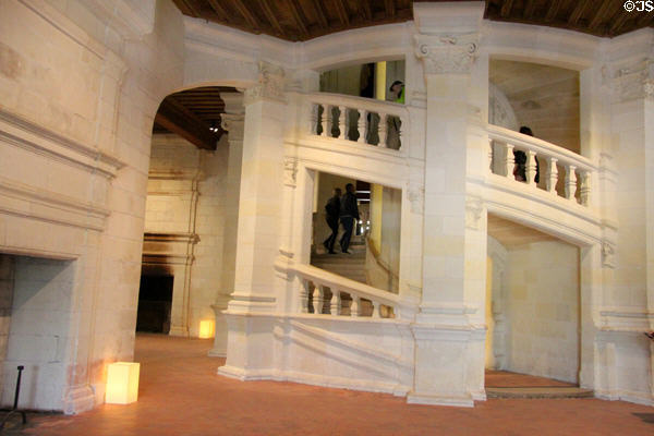 Double spiral staircase rises up to roof terrace at exact center of Chambord Chateau. Chambord, France.