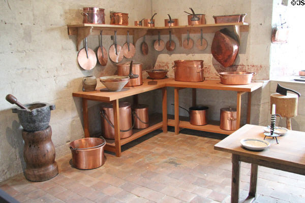 Copper vessels in kitchen at Chambord Chateau. Chambord, France.
