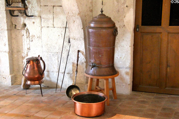 Coquemar copper warm water kettle (18thC) & drinking fountain to filter water for drinking in kitchen at Chambord Chateau. Chambord, France.