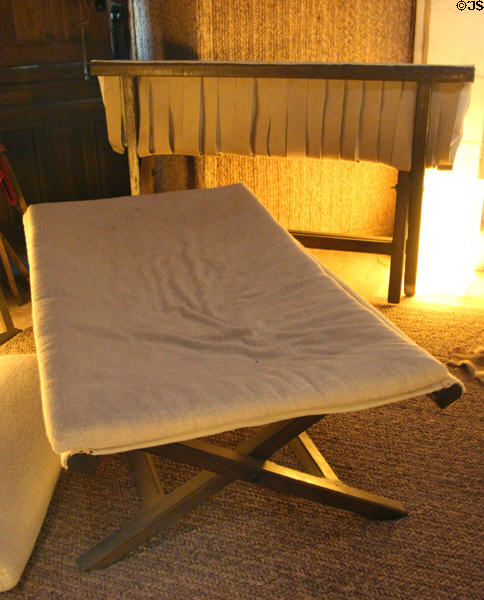 Folding travel bed in royal apartment of François I at Chambord Chateau. Chambord, France.