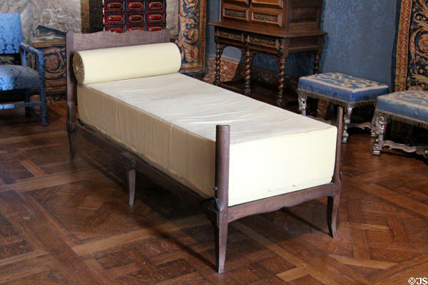 Day bed in bedroom of Maria Theresa of Spain at Chambord Chateau. Chambord, France.