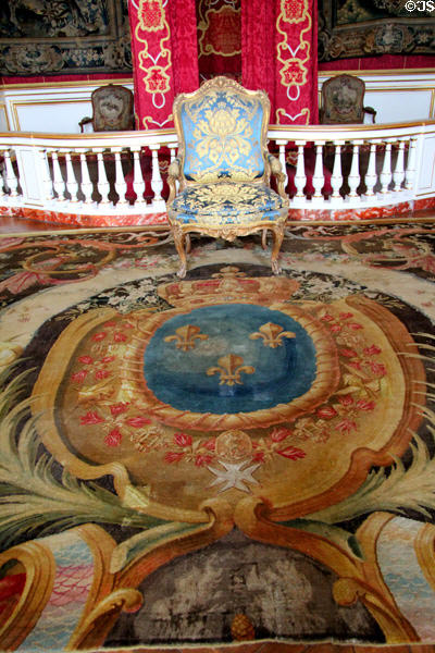Carpet & throne in new state apartments bedroom at Chambord Chateau. Chambord, France.