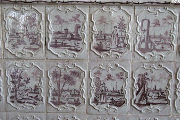 Tile details of ceramic stove (1749) from Danzig Poland at Chambord Chateau. Chambord, France.
