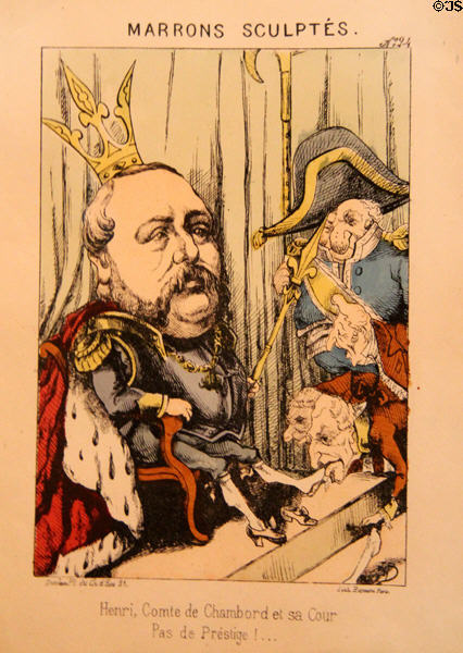 Cartoon satirizing Henri V, Comte de Chambord & his court (c1871-5) at Chambord Chateau. Chambord, France.