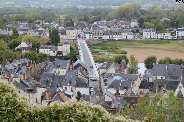 View of town of Chinon & bridge over Vienne River from Château de Chinon. Chinon, France.