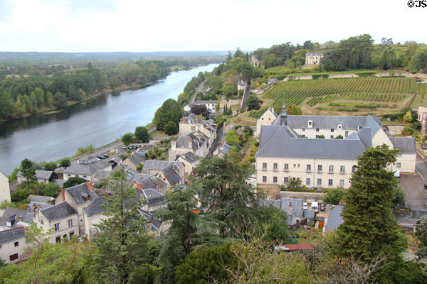 View west of Chinon town & Vienne River from Château de Chinon. Chinon, France.