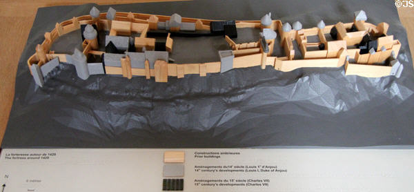 Model of Chinon fort (c1429) with added Louis I d'Anjou (14thC) structures in black & Charles VII (15thC) works in additions in Royal Lodgings museum at Château de Chinon. Chinon, France.