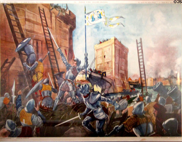 Graphic of Joan of Arc liberating Orleans in Royal Lodgings museum at Château de Chinon. Chinon, France.