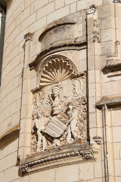Heraldic shield carved beside entrance at Chaumont-Sur-Loire. France.