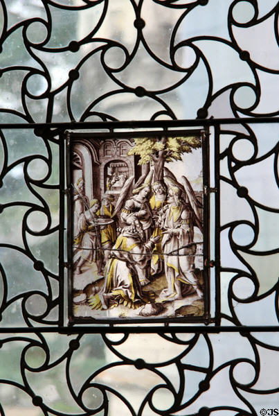 Window with painted scene of angels at Chaumont-Sur-Loire. France.