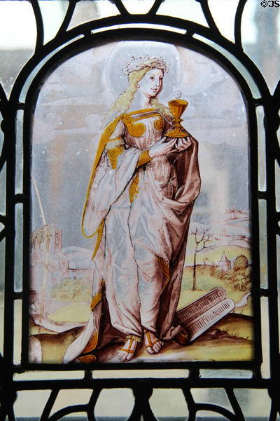 Painted window glass panel of sainte at Chaumont-Sur-Loire. France.