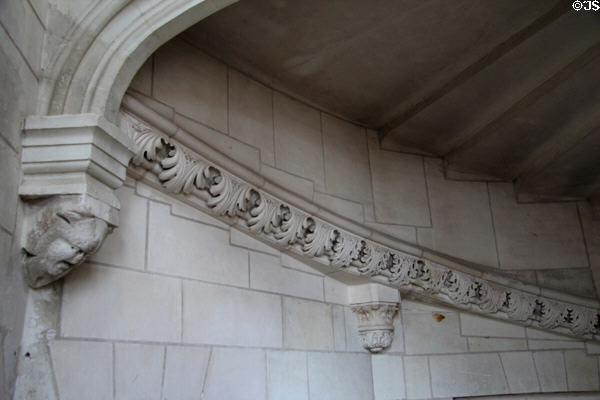 Spiral staircase walls with carved decoration at Chaumont-Sur-Loire. France.