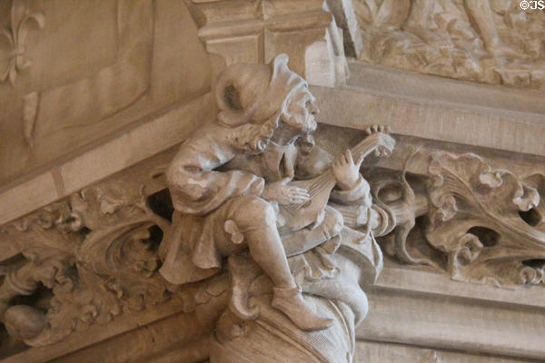 Carved mandolin player on dining room fireplace at Chaumont-Sur-Loire. France.