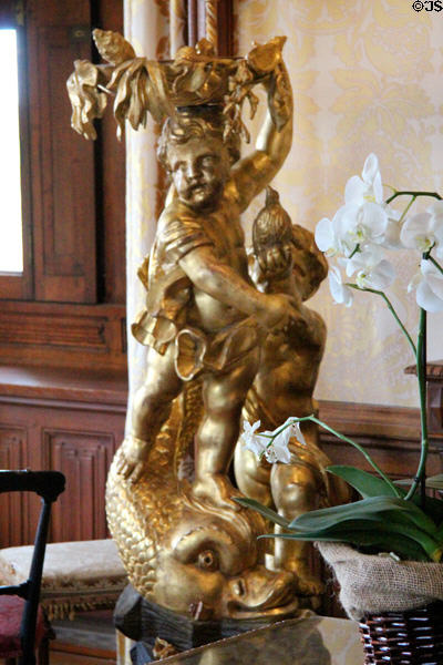Sculpted dolphin & cherubs in Grand Salon at Chaumont-Sur-Loire. France.