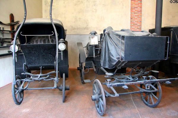 Duc & Vis-à-vis horse-drawn carriages in stables at Chaumont-Sur-Loire. France.