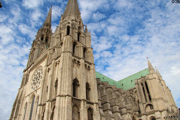 Chartres Cathedral bell towers & gothic flying buttresses. Chartres, France.