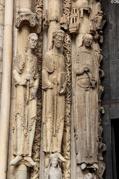 Saints carved surrounding doorway at Chartres Cathedral. Chartres, France.
