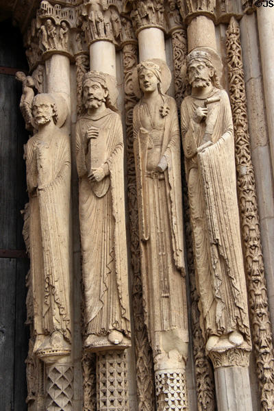 Saints carved surrounding doorway at Chartres Cathedral. Chartres, France.