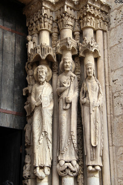 Saints carved surrounding doorway at Chartres Cathedral. Chartres, France.