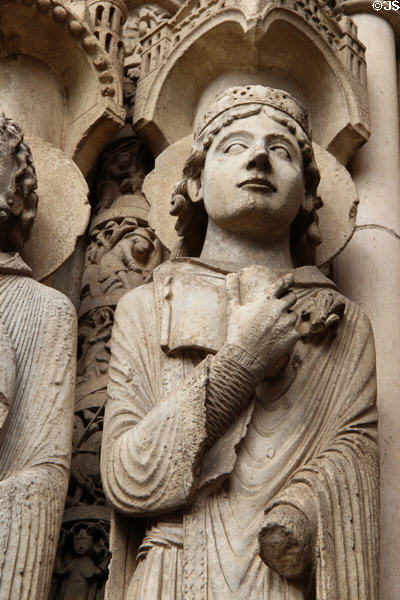 Saints carved surrounding doorway at Chartres Cathedral. Chartres, France.