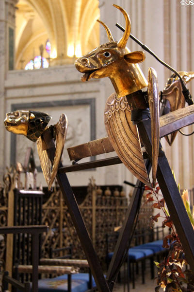 Lectern with winged Evangelists lion of Mark & bull of Luke at Chartres Cathedral. Chartres, France.