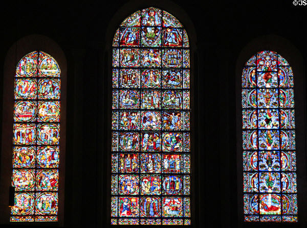 Stained glass under west rose window of birth & youth of Jesus at Chartres Cathedral. Chartres, France.