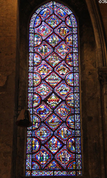 Noah & the flood stained glass window at Chartres Cathedral. Chartres, France.