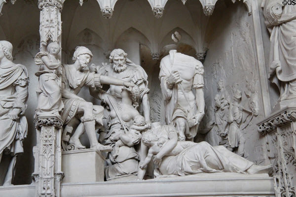 Herod ordering killing of male babies on carved choir screen at Chartres Cathedral. Chartres, France.