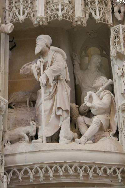 Sheppard visiting manger on carved choir screen at Chartres Cathedral. Chartres, France.