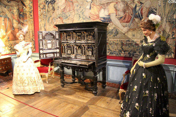 Italian cabinet (1593) inlaid with mother of pearl & lapis lazuli with 49 secret drawers in Salon Vauban at Chateau D'Ussé. Ussé, France.
