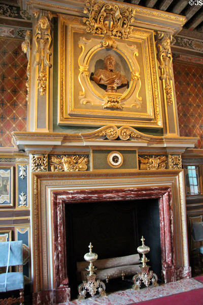 Dining room fireplace at Cheverny Chateau. Cheverny, France.